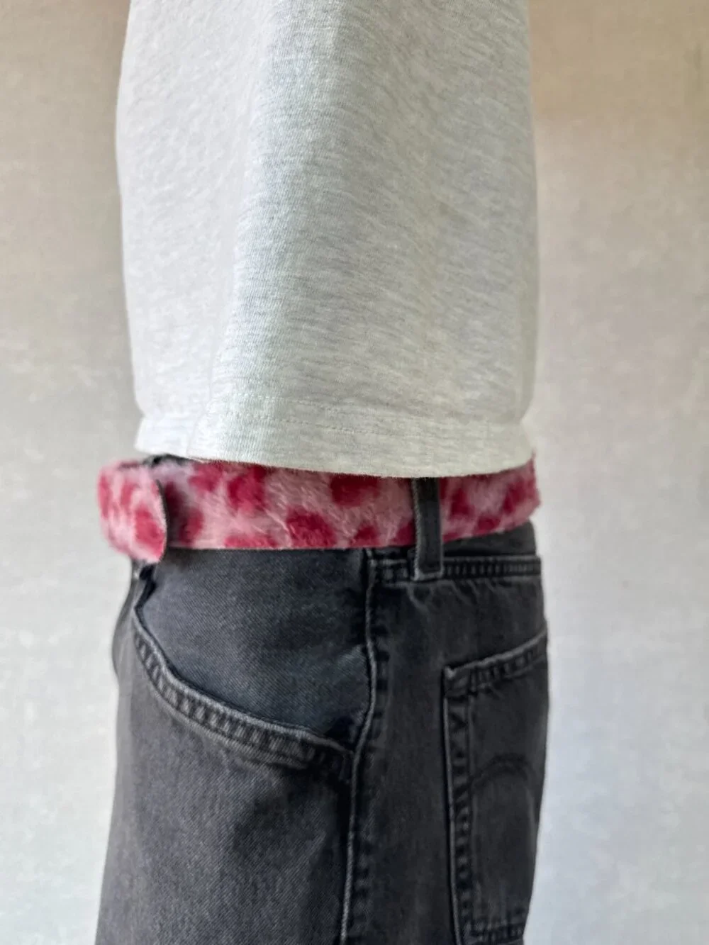 Pink Leopard Plush Faux Fur Belt Silver Eyelets